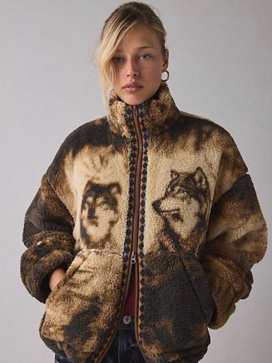 BDG Jackets & Blazers - Faux Fur Wolf-Print Zip Jacket - Brown BDG Urban Outfitters